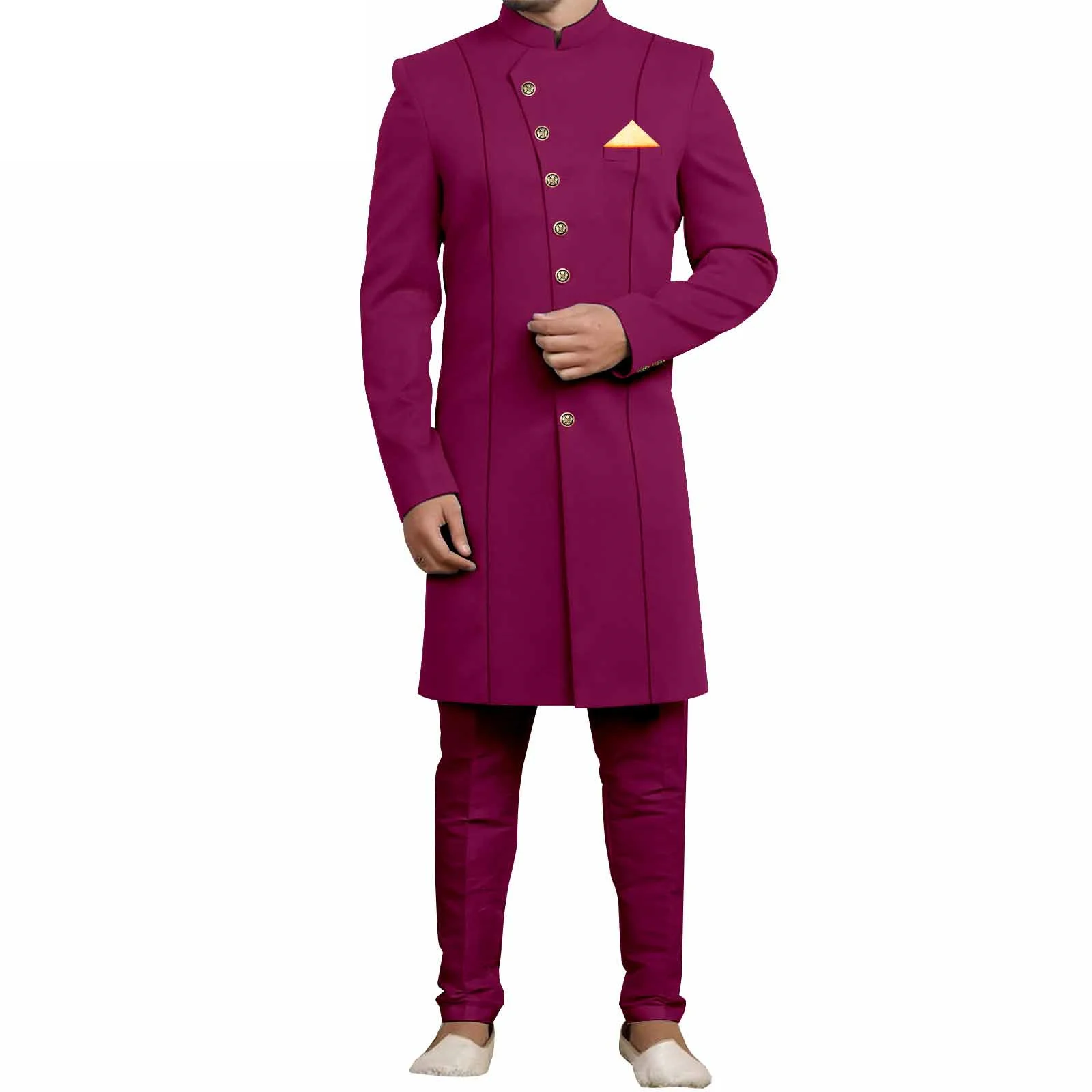 2025 New Men Suits African Long Jacket Grey Elegant Gold Buttons Groomsmen Party Man Formal Costume 2 Pieces Male Tuxedos