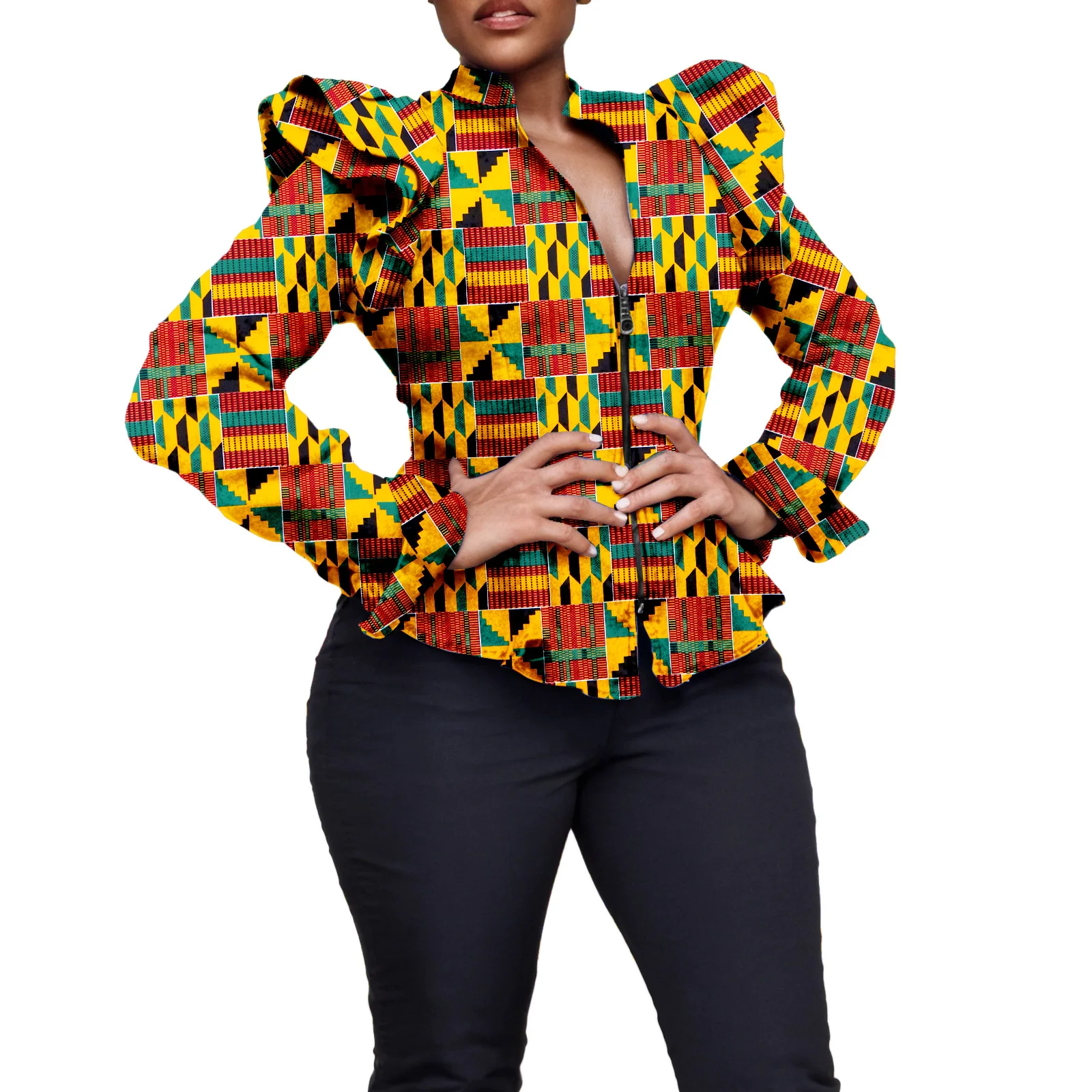 African Shirts for Women Dashiki Cotton Top Batik Kente Print Long Sleeve Zipper Nigeria Blouse Ankara Attire