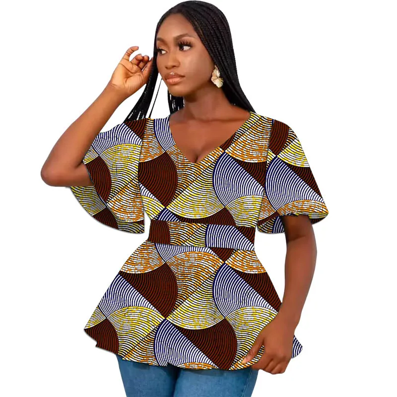 Colorful African Print Women's Tops Flare Sleeved Original Design V Neck Blouse Tailored Party Wear - Image 6