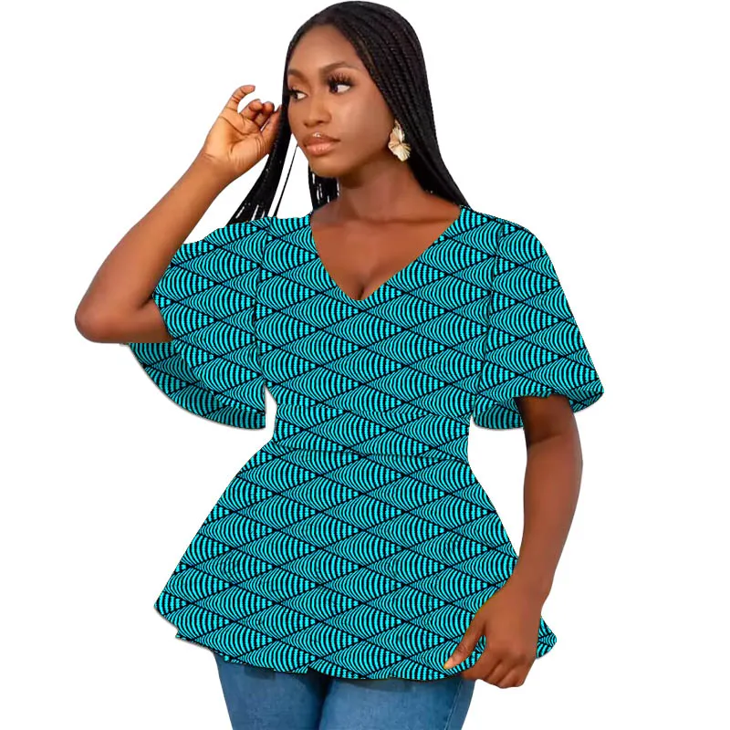 Colorful African Print Women's Tops Flare Sleeved Original Design V Neck Blouse Tailored Party Wear - Image 5