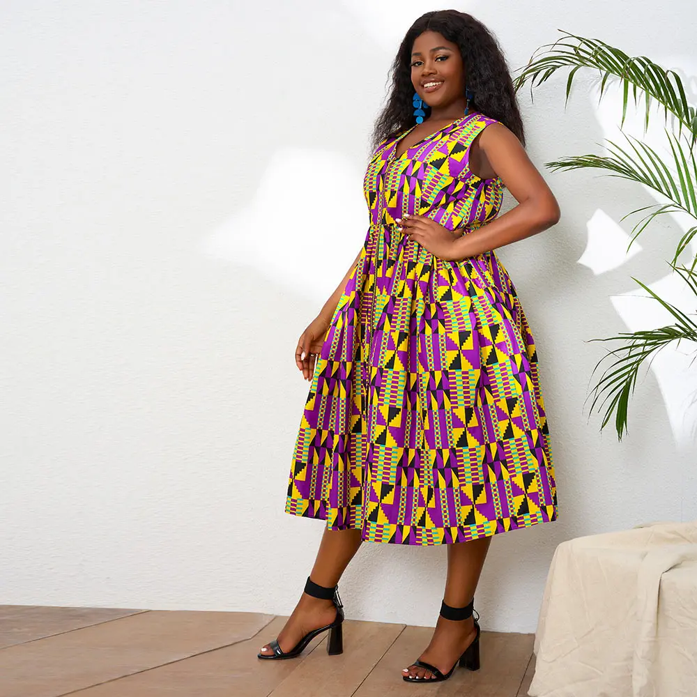 African Dresses For Women Full Zip kente Print Sleeveless Midi dress fashion African Mix Wax Party Dress For Ladies - Image 6