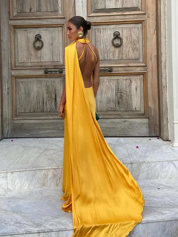 Elegant Solid Ribbon Women Halter Dress Off Shoulder Sleeveless Backless Slim Female Maxi Dresses 2025 Summer New Chic Lady Robe - Image 3