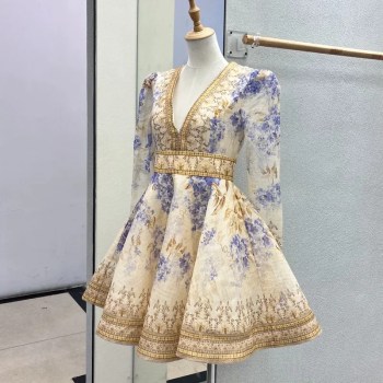 Women Dress Australian Designer Luxury Chic Vintage French Floral Print Elegant Deep V Neck Long Sleeve High Waist A-Line Party