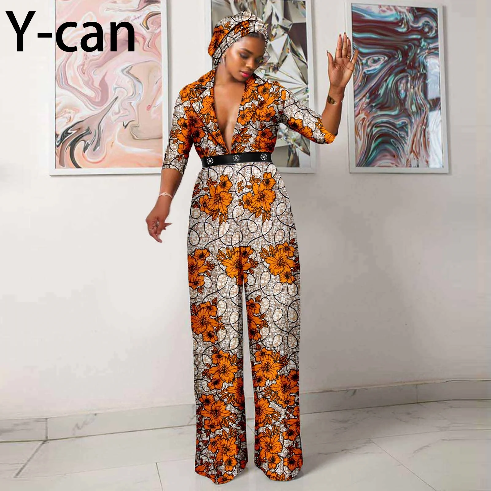 Turkey Dresses for Woman Luxury V-neck Jumpsuit Loose Pants Elegant Lady Dashiki Ankara Party Outfits African Style