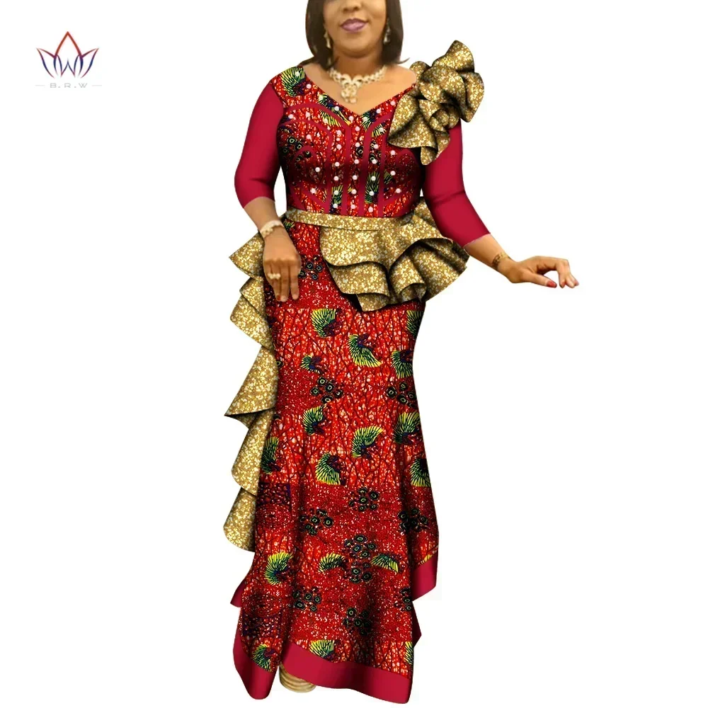 African Women Dress Bazin Riche African Clothing Wedding Party Bridesmaid Dress Peals V Neck Africa Print Dress Plus Size