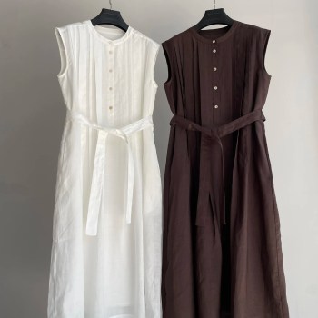 2025 spring and summer new women's fashion sleeveless crew neck belt ramie long dress