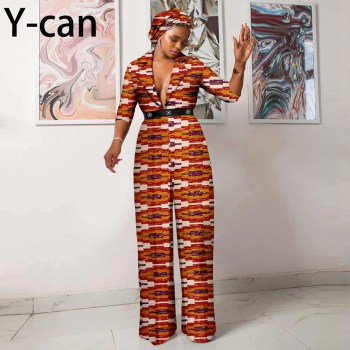 Turkey Dresses for Woman Luxury V-neck Jumpsuit Loose Pants Elegant Lady Dashiki Ankara Party Outfits African Style