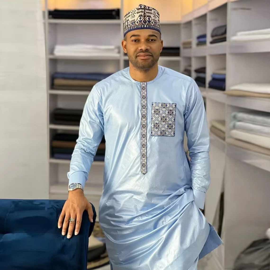 African Men Bazin Dashik Suit Clothing Casual 2 Pcs Set Shirt and Pant Nigerian Original Basin Men Outfit Men Wedding Clothes