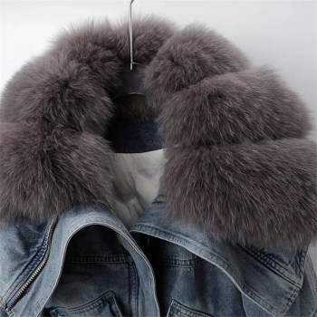Winter Natural Big Fox Fur Collar Down Cotton Liner Denim Jacket Women Casual Cowboy Outerwear Thick Short Jeans Jacket Female