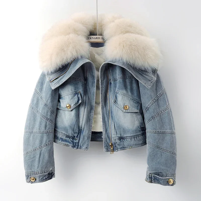 Winter Natural Big Fox Fur Collar Down Cotton Liner Denim Jacket Women Casual Cowboy Outerwear Thick Short Jeans Jacket Female