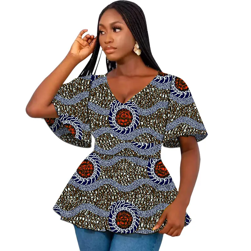 Colorful African Print Women's Tops Flare Sleeved Original Design V Neck Blouse Tailored Party Wear - Image 3