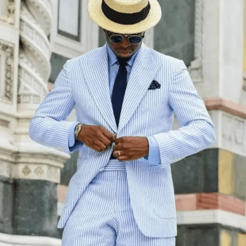 2 Pieces Casual Men Suits Seersucker Stripe Outfits Custom Wedding Groom Tuxedo Costume Homme Peaked Lapel Jacket+Pants