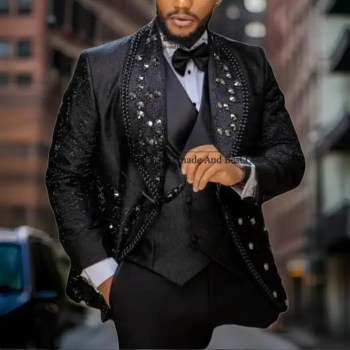Luxury Beaded Crystals Men Suits 3 Pieces Jacquard Groom Wedding Tuxedos Male Prom Party Formal Customized Costume -